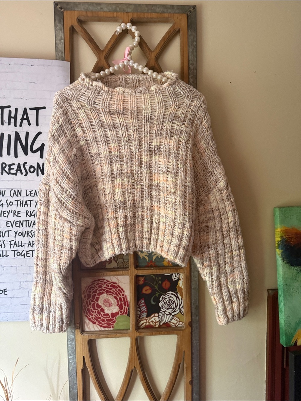 Free People cream cable knit sweater with pastel flecks